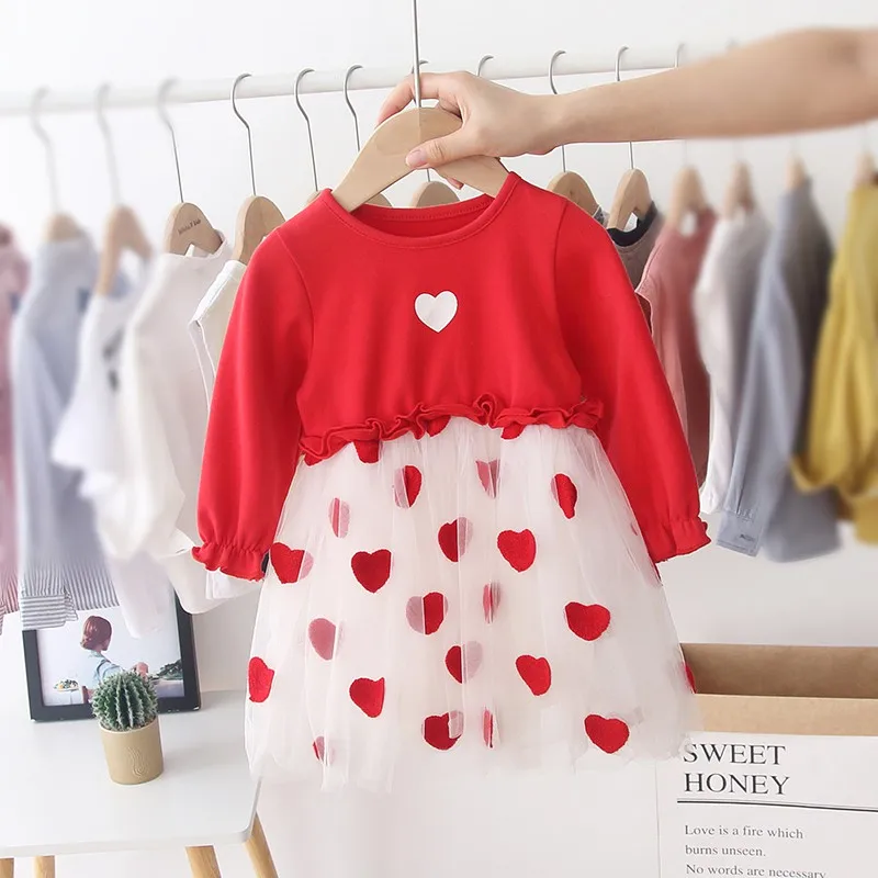 Toddler Children Spring Autumn Girls Cute Embroidery Mesh Round Collar Long-Sleeved Sweet Princess Dress Party girls Clothing