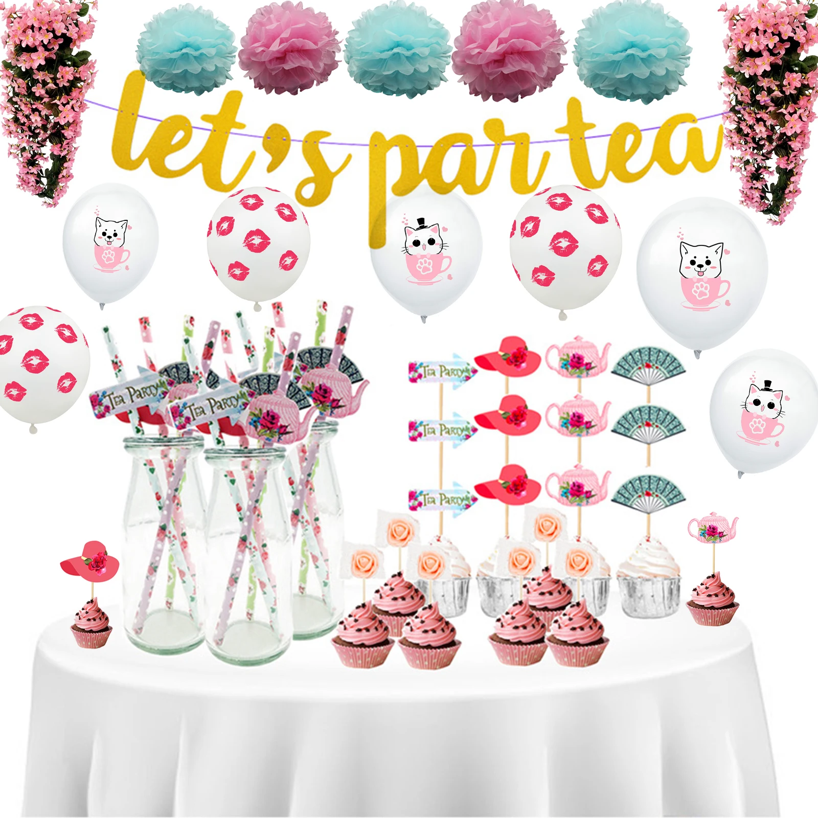 

Tea Party Decorations Floral Printable Tea Pot Tea Cup Garland Wonderland Wedding Baby shower Birthday Party cute balloon Decor