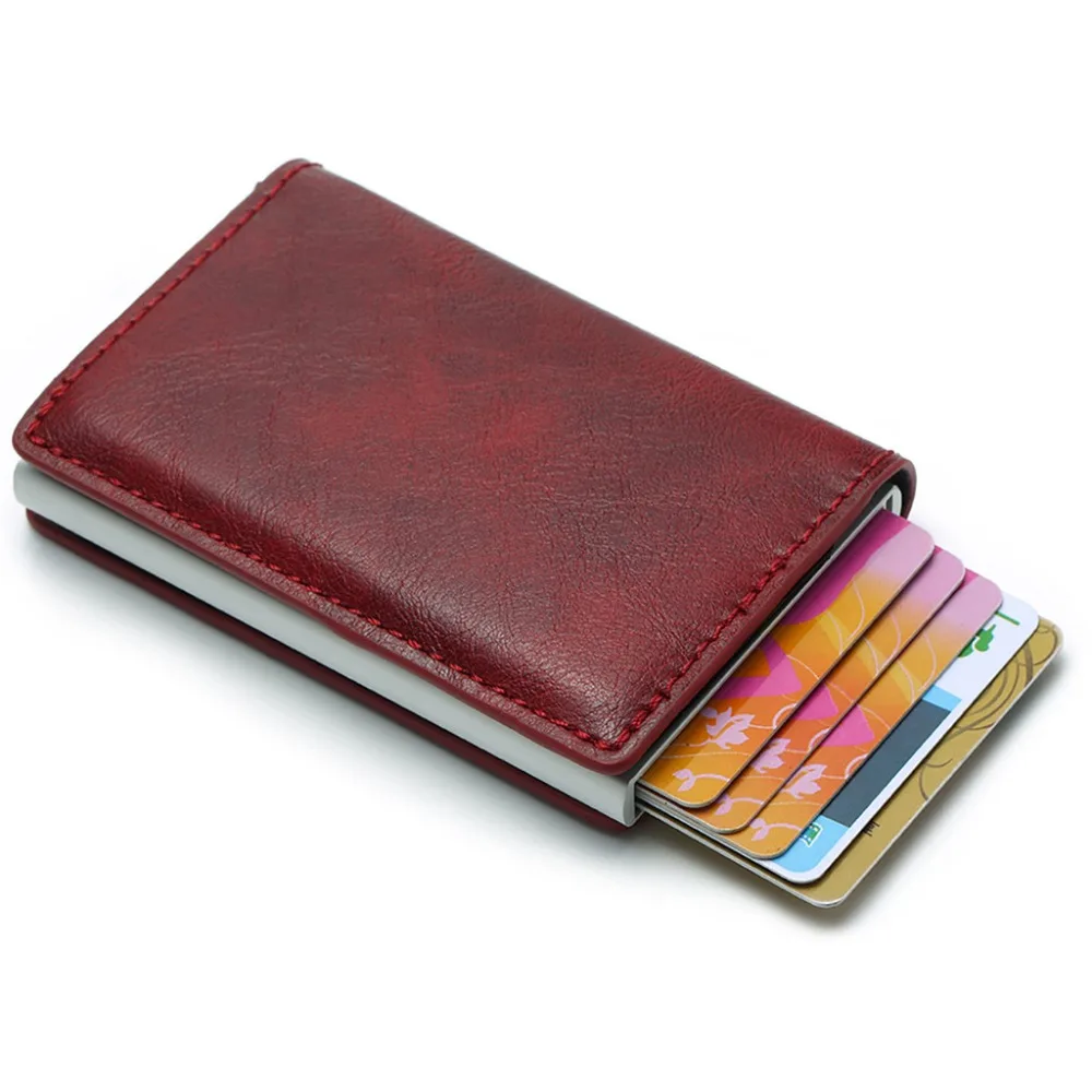 Мужской алюминиевый кошелек из натуральной кожи, задний карман, ID держатель для карт, RFID Блокировка, мини волшебный кошелек, автоматический кошелек для кредитных карт, портмоне