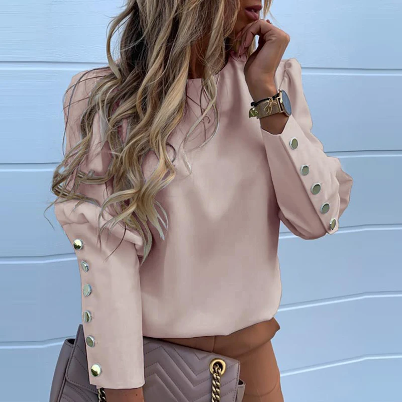 3XL Женская блузка с металлическими пуговицами на спине, Офисная Женская Повседневная Однотонная рубашка с круглым вырезом и длинными рукавами, топы, элегантный осенний пуловер, Прямая поставка - Цвет: Pink