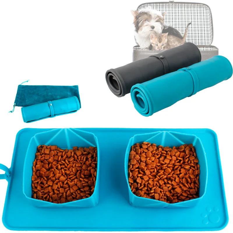 Travel Collapsible Silicone Pets Double Bowl Puppy Dog Cat Food Water Feeding Non-Skid Silicone Mat Cup Dish Pet Accessories