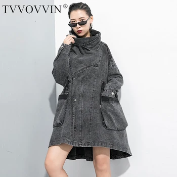 

TVVOVVIN Women Black Big Size Denim Trench New Lapel Long Sleeve Loose Fit Windbreaker Fashion Tide Autumn Winter 2019 X523
