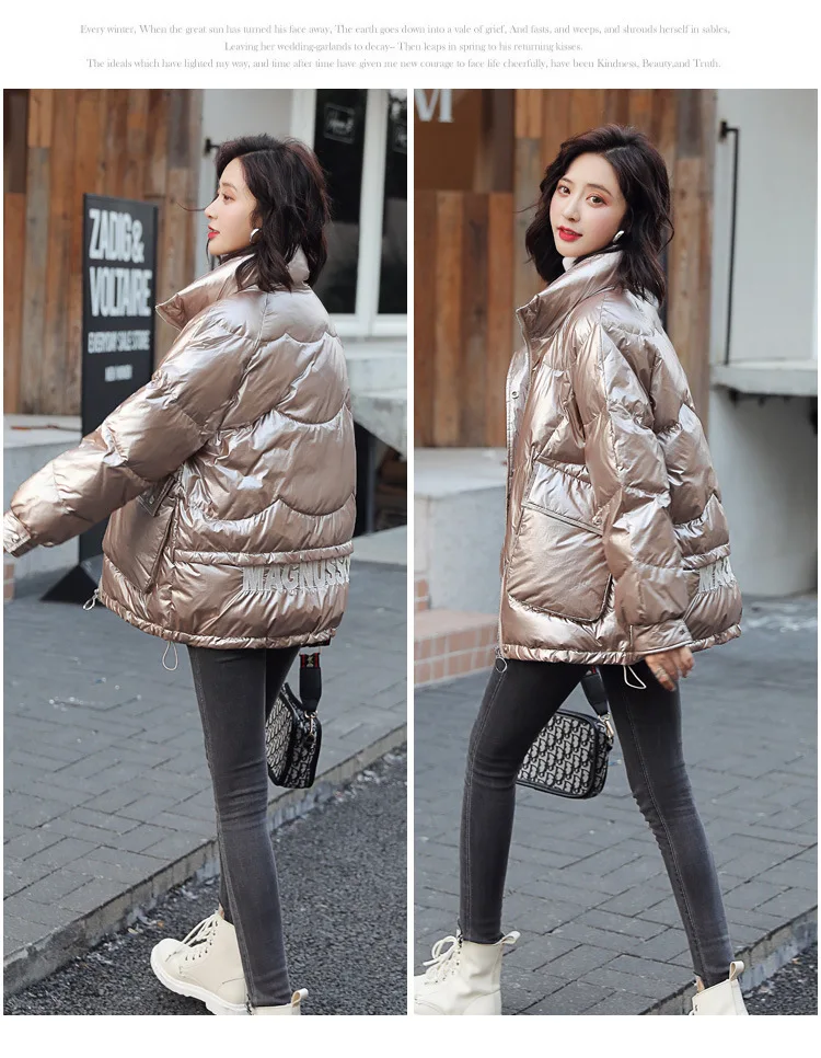 Stand Collar down Jacket Women's Short Winter New Style Short-height Loose-Fit Students White Duck down Warm Bright Surface