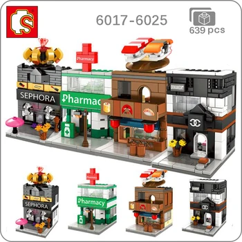 

Sembo City Street Profumeria Sushi Pharmacy Cosmetics Store 3D Model DIY Blocks Bricks Building Toy 4Pcs for Children no Box