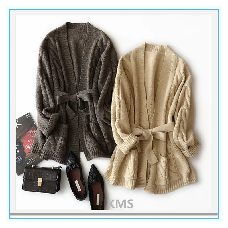 

KMS Yak cashmere cardigan new French lace-up lazy loose knit sweater retro simple sweater jacket