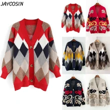 JAYCOSIN, женские свитера, Ромб, плед, длинный рукав, на пуговицах, вязаный кардиган, свитер, топы, Осень-зима, повседневный свободный свитер, пальто