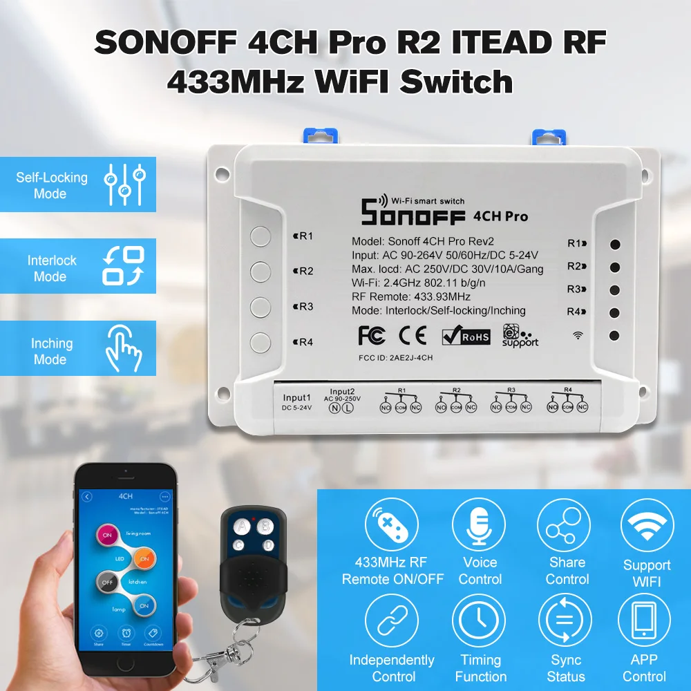 WiFi смарт-коммутатор 4CH Pro R2 433 МГц голос/пульт дистанционного управления Интеллектуальный переключатель совместим с Google-Home/Nest& Amazon-Alexa