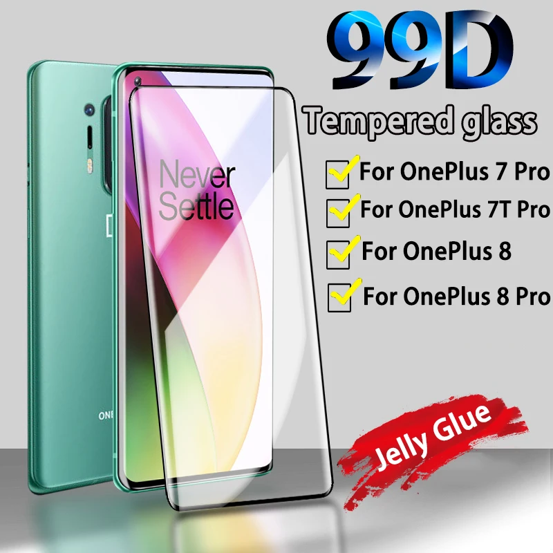 

99D Full coverage Clear Jelly glue Hot curved surface Tempered Glass on the For OnePlus 8 7 7T Pro 6 6 Screen Protector Film