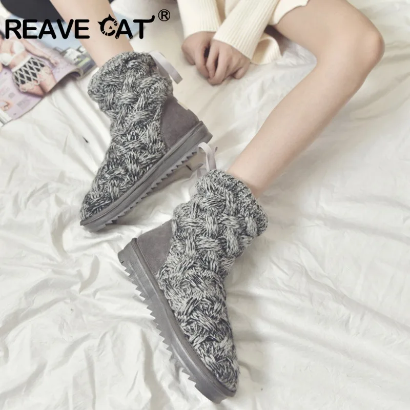 REAVE CAT/женские зимние ботинки теплая вязальная шерсть полусапожки на платформе с