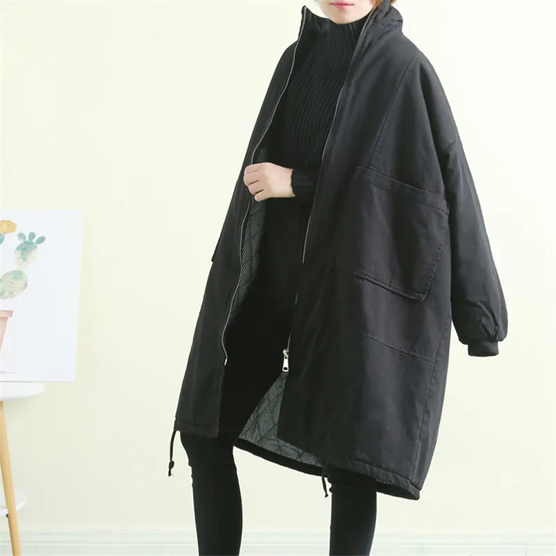 

Women Large Size Parkas Medium Long Cotton Coat 2019 Winter New Tooling Thickening Warm Loose Wild Over The Knee Jackets XIN051