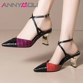 

ANNYMOLI Cross Strap Women Shoes Real Leather High Heel Slingbacks Pumps Pointed Toe Thick Heel Footwear Summer Black Size 43