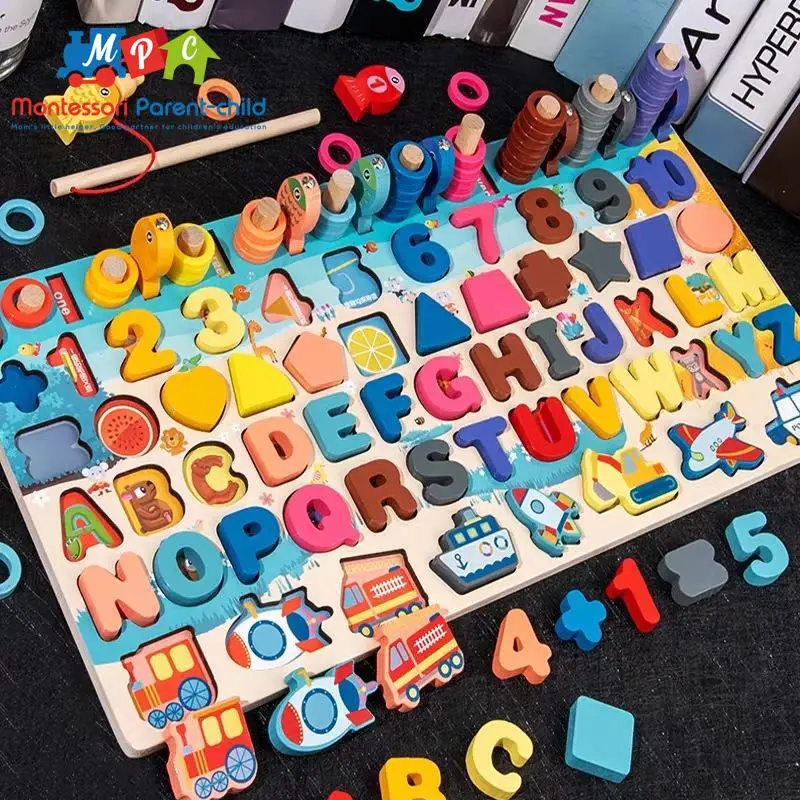 

Montessori Educational Wooden Toys for Children Math Cognitive Puzzle Fishing Toys Count Numbers Digital Shape Match Knock Piano