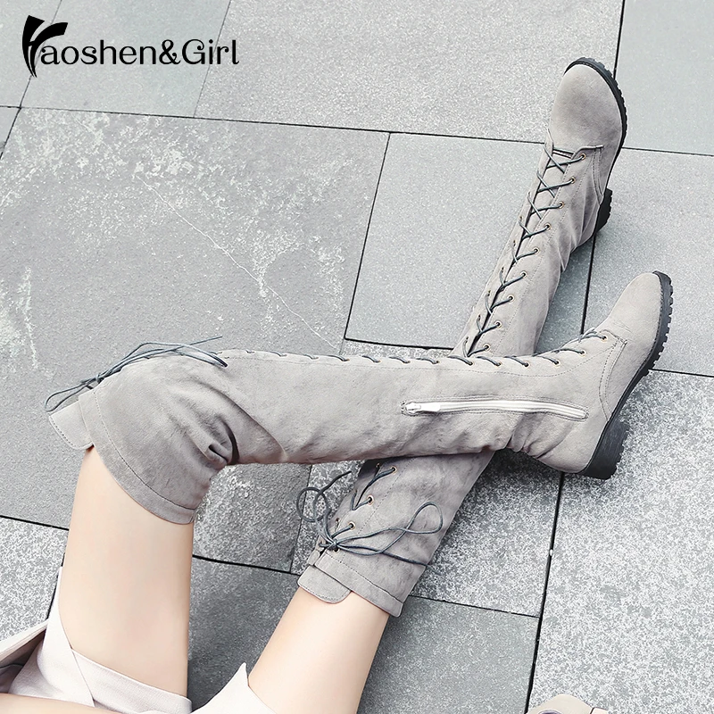 Haoshen& Girl/, женские ботфорты выше колена, на шнуровке, сексуальные высокие сапоги для верховой езды, квадратный каблук, плоская подошва, Feminina Botas размера плюс 33-46