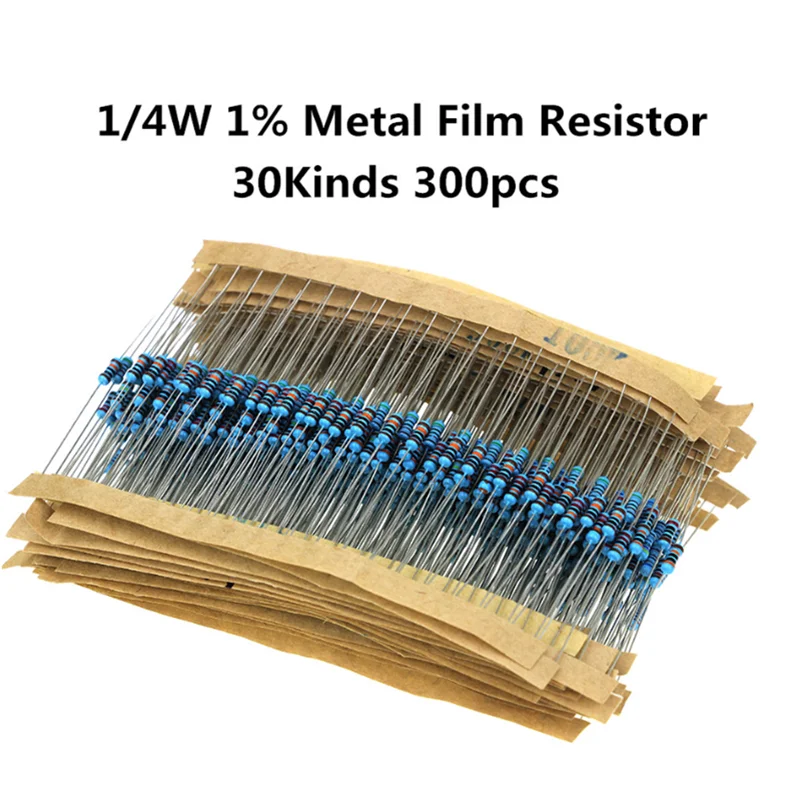 30values X10pcs = 300pcs 1/4W Metal Film Resistor Kit 1% Resistor Assorted Kit Set 10-1M Ohm Resistance Pack metal film resistor metal film resistors