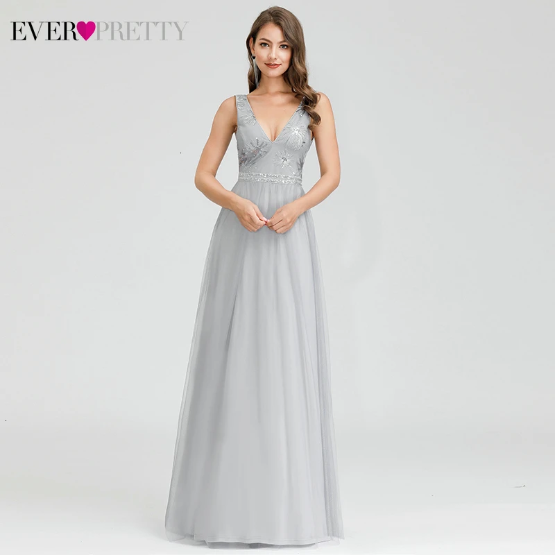 Elegant Sequined Evening Dresses Ever Pretty A-Line Double V-Neck Sleeveless Tulle Formal Gowns For Party Vestidos Elegantes