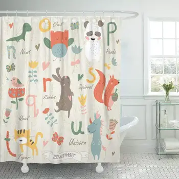 

Shower Curtain Zoo Alphabet with Cute Animals in Cartoon N O P Q R U Letters Newt Owl Panda Quail Bathroom