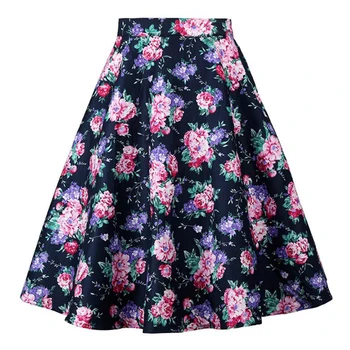 

2020 Flower Print Skirts Womens High Waist 50s Summer Vintage Skirt Office Party Midi Elegant Retro Women Midi Skirt Plus Size