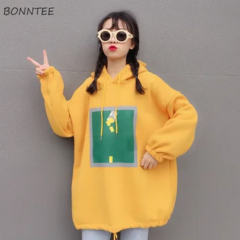 

Hoodies Women Kawaii Printed Trendy Hooded Plus Velvet Loose Sweatshirt Korean Ulzzang Womens Warm Soft Long Sleeve Clothes Chic