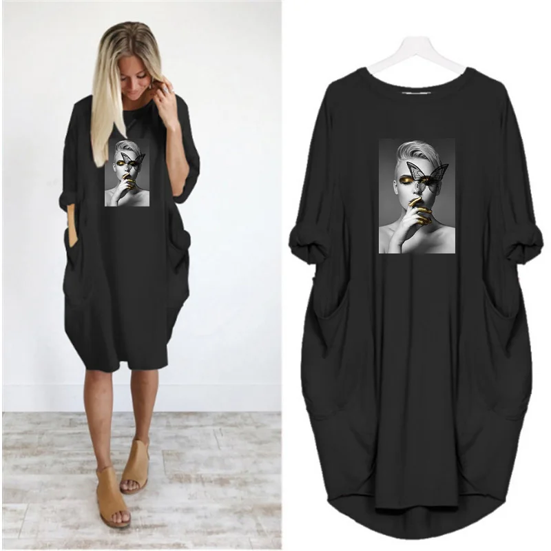 Plus Size Nordic Art Dress Butterfly Girl Cool Women Midi Dresses O-Neck Autumn Thin Long Sleeve Pockets Loose Party Vestidos