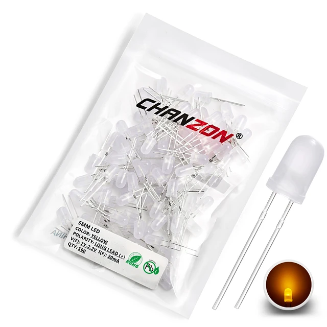 Diffused 5mm Led Diode Kit White Red Green Blue Yellow Orange 2V 3V Bulb Light Emitting Assortment Set Diy Arduino Pcb Circuit 100pcs Yellow Frost