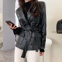 Autumn Spring Black White Real Sheepskin Genuine Leather Suit Jackets Womens Overcoat Korean Jacket Coats Ladies Suits Outerwear