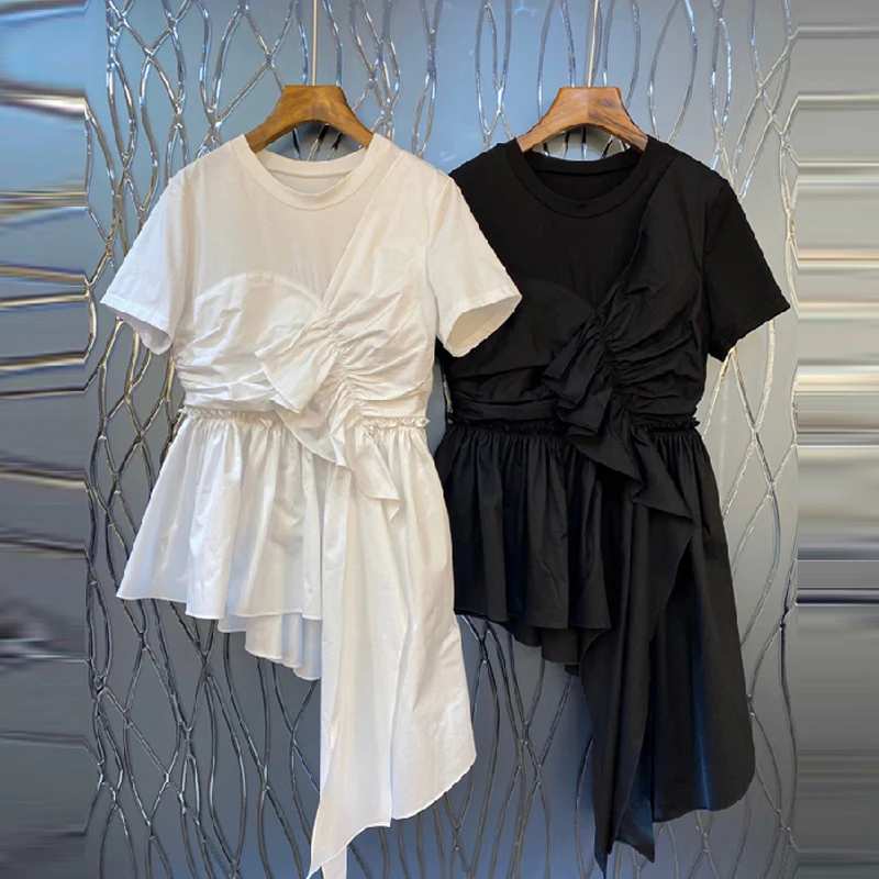 

2020 Summer New Irregular Pleated T-shirt Woman Shirt Fashion Irregular Design Ladies Tops Ruffles Tshirts Ropa De Mujer