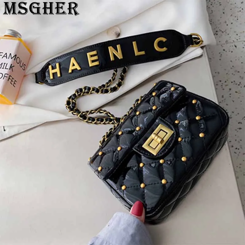 

MSGHER Diamond-shaped Rivet Flap Women Bag Thread Letters Temperament Patent Leather New Style 2019 Shoulder Female Bag WB2840