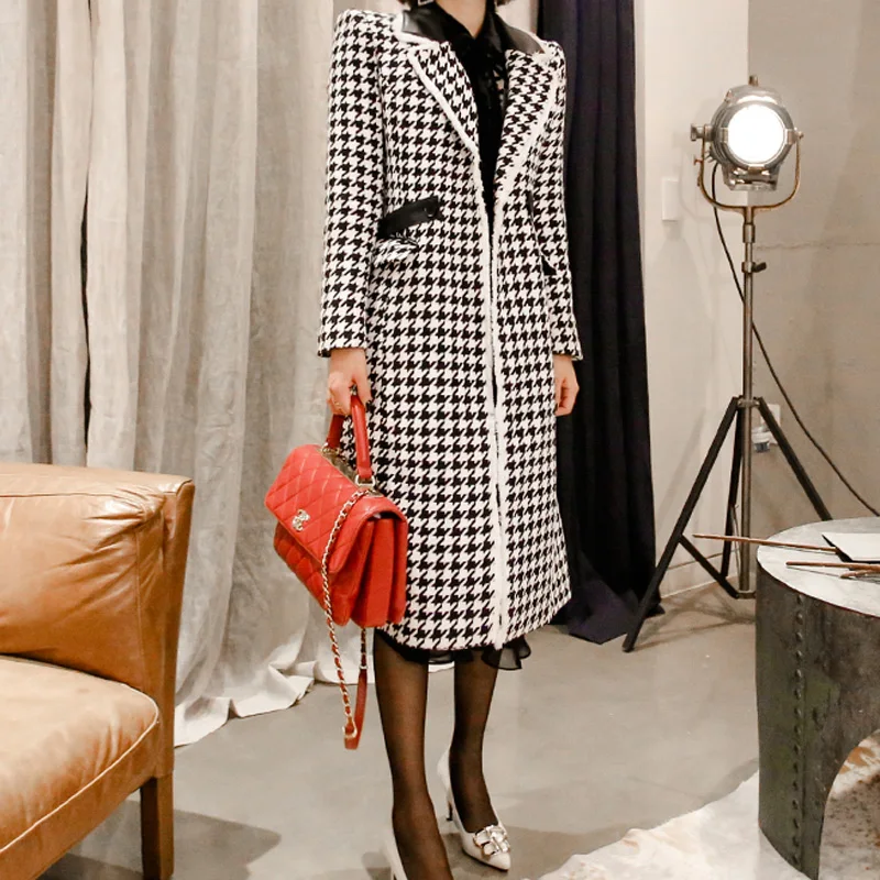 2019 winter new Korean fashion in the long section of the spell leather houndstooth wool coat