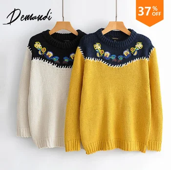 

DEMANDI Woman's Sweater Sleeve Embroidery Fall 2019 New Fashion Handmade Crochet-embroidered Round-necked Long-sleeved Sweater