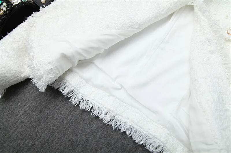 Высококачественная осенне-зимняя дизайнерская юбка с рюшами, комплект из 2 предметов, женское роскошное белое твидовое шерстяное пальто с бусинами и жемчугом+ юбка