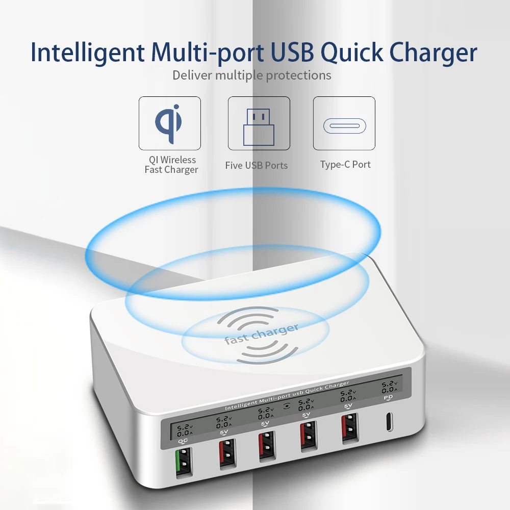 818 интеллектуальное многопортовое USB быстрое зарядное устройство адаптивный ЖК-дисплей Беспроводная Быстрая зарядка QC 3,0 type-C порт US Plug