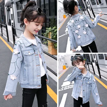 

New Girls Denim Jacket Cardigan Coat Lace Kids Jean Outwear Long Sleeve Autumn Children Clothing Spring Girls Clothes
