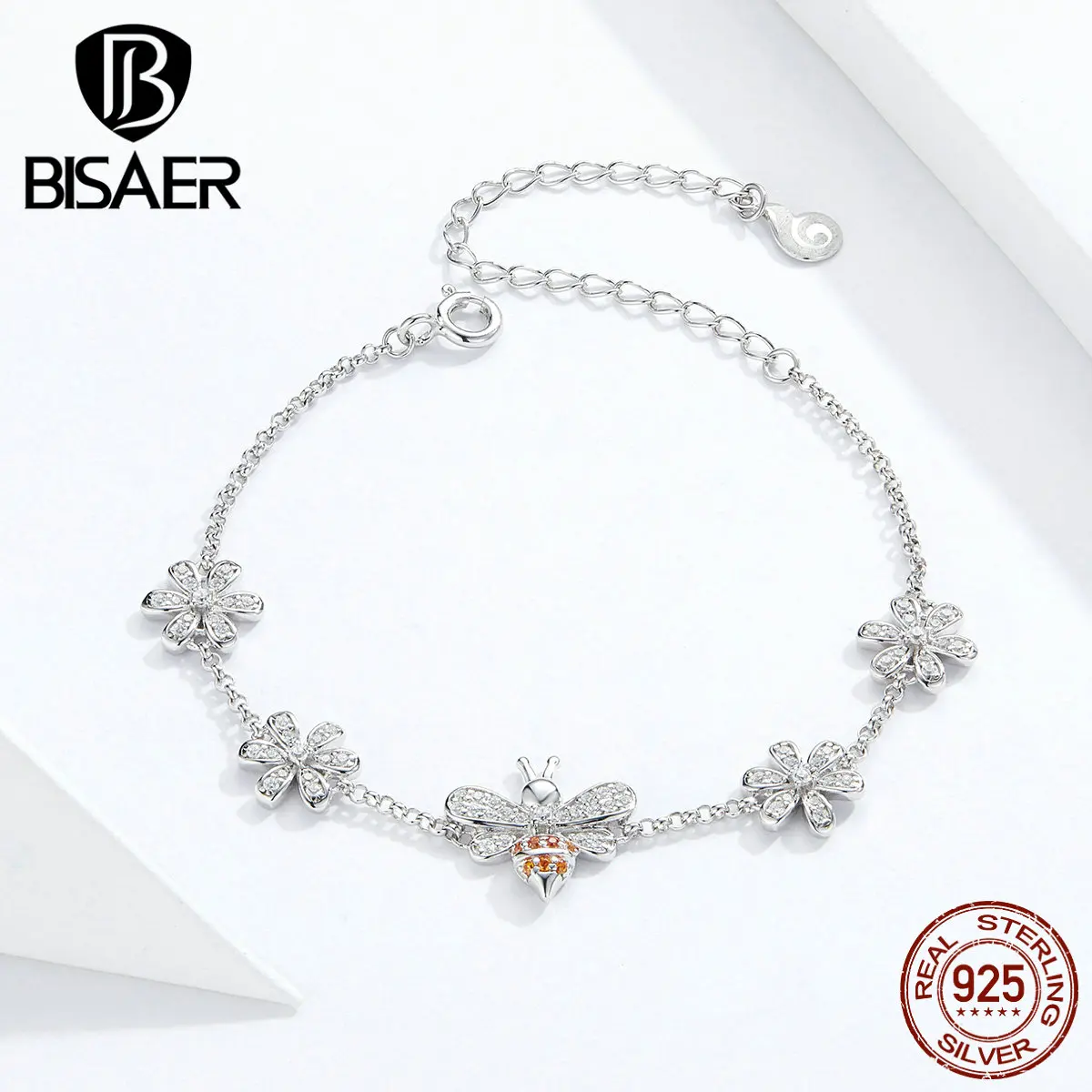 

Bee Bracelets BISAER 925 Sterling Silver Daisy Flowers Busy Bee Crystal CZ Women Bracelets Femme Sterling Silver Jewelry EFB031
