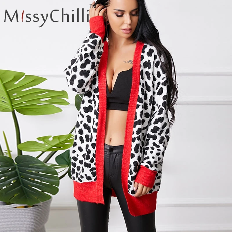 MissyChilli Леопардовый принт красный сексуальный свитер вязаный осенний тонкий женский кардиган зимний модный длинный кардиган пальто трикотаж