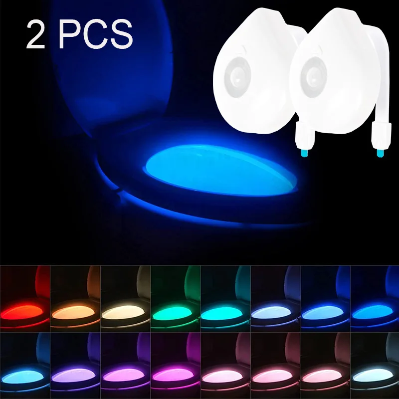 2pcs Led Toilet Seat Night Light Motion Sensor Wc Light 8 Colors Changeable Lamp Aaa Battery