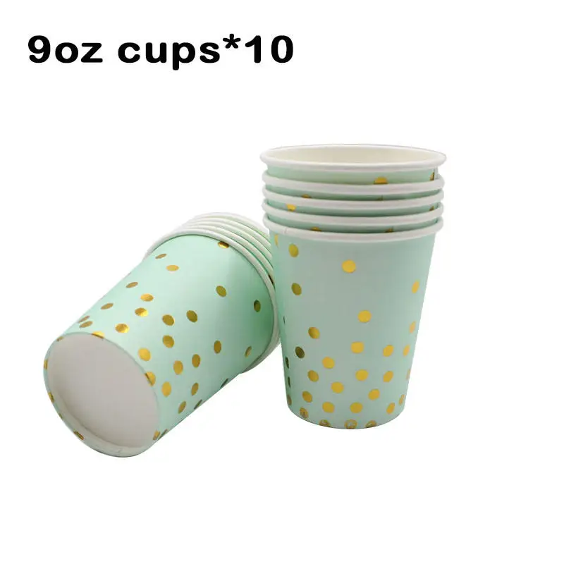 Cups 9oz 10pcs Зеленые, золотые, зеленые салфетки для свадьбы, дня рождения, вечеринки, одноразовая посуда, чашки, тарелки, бумажные соломинки для детского душа, украшения для детей - Цвет: Cups 9oz 10pcs