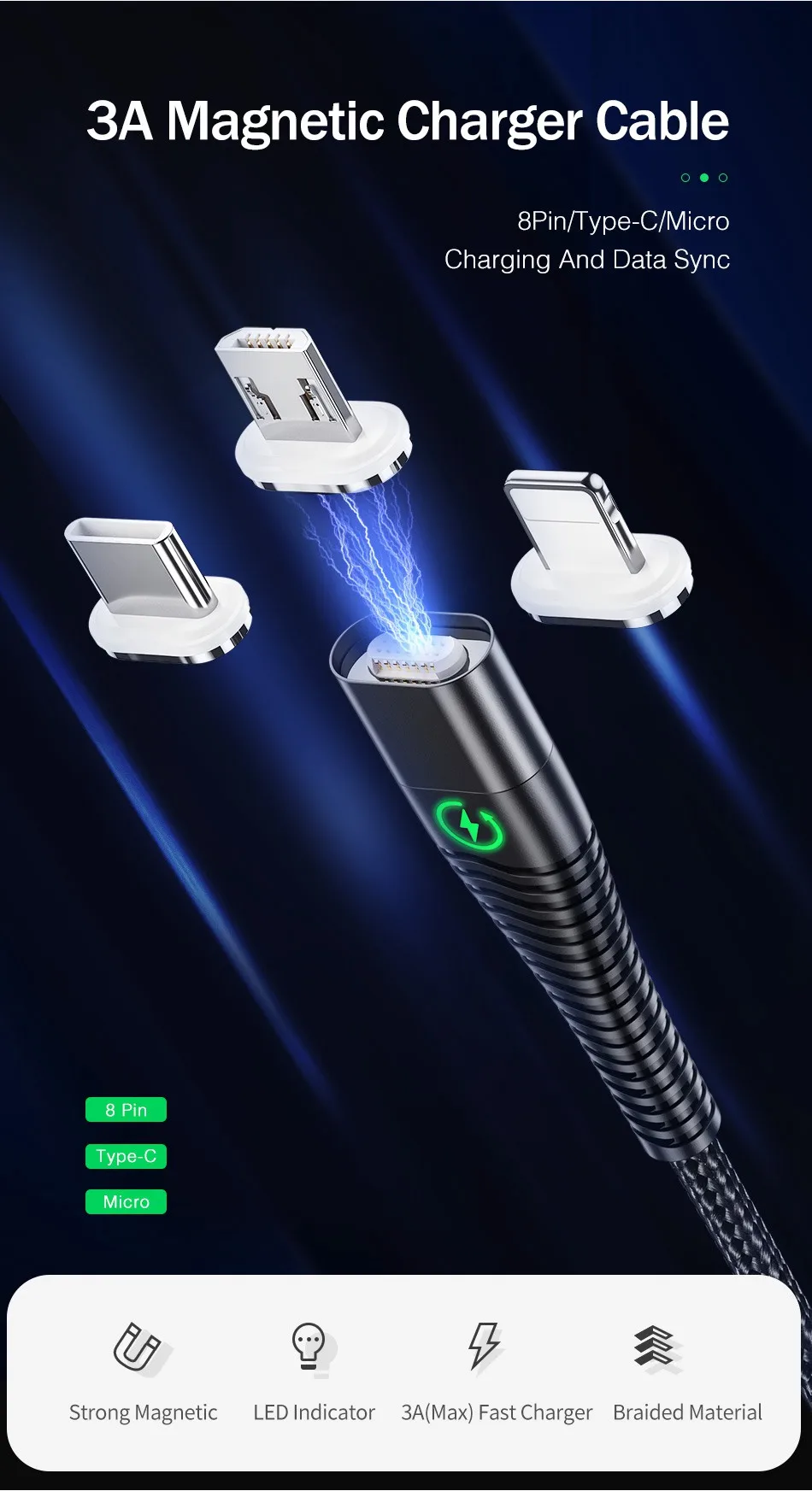 YKZ светодиодный магнитный кабель USB type C провод Microusb 3A кабель для быстрой зарядки для Apple телефона samsung huawei Магнитный шнур для передачи данных