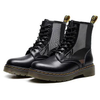 

women's shoes ankle boots 2020 summer fashion mesh leather boots socofy heel rubber platform martin lace up ladies genuine black