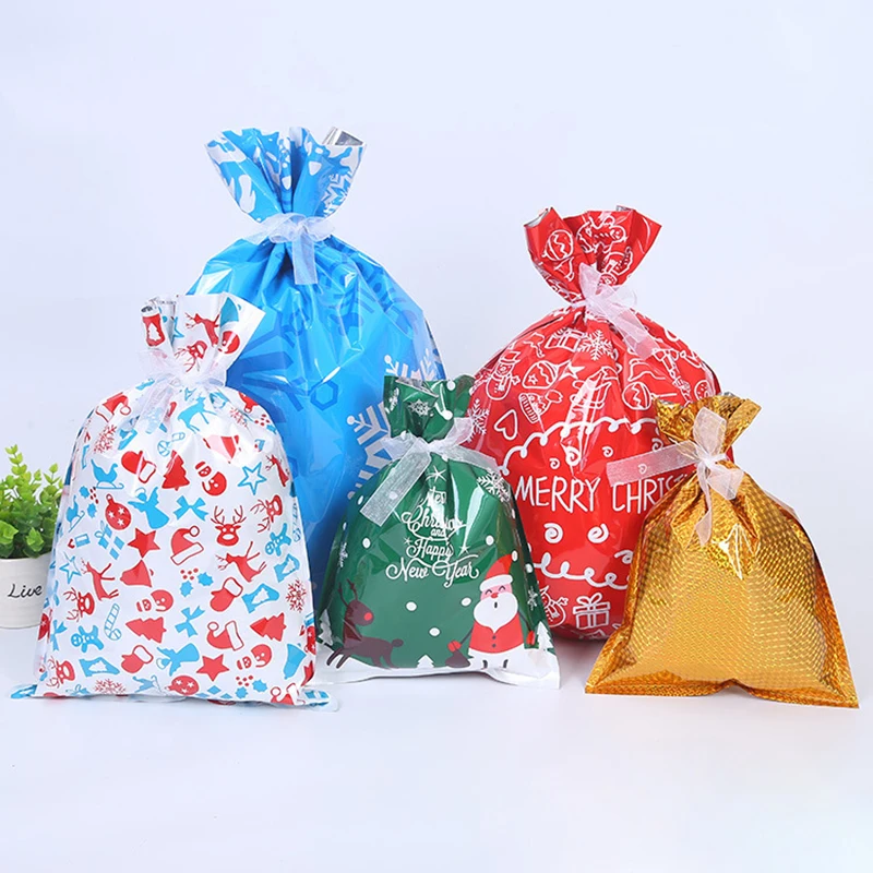 30pcs Christmas gift bags+ 30pcs ribbons Drawstring Snowflake Gift Bags Candy Favors Present Wrapping