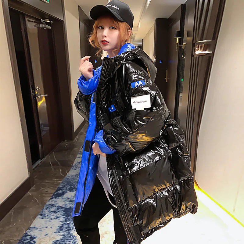 

New Glossy Winter Jacket Women Hooded Waterproof Female Jacket Cotton Winter Coat Long Reflective Jacket Warm Parka Street Style