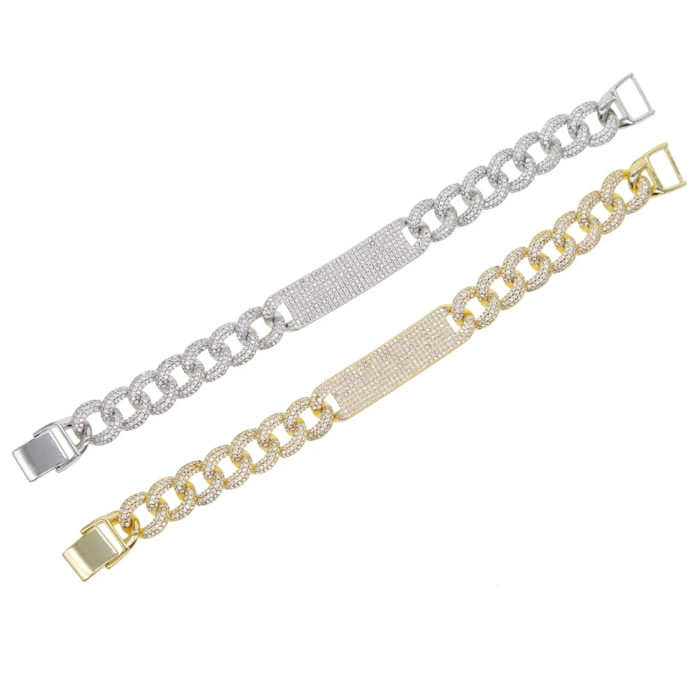 Silver Color Iced Out Bling Micro Pave White CZ Bar Charm Bracelet Curb Miami Cuban link Chain Bangle Hip Hop Women Men jewelry 3