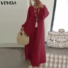 VONDA Plus Size Dress Women Sundress Casual Loose Vintage Long Sleeve Party Long Dress Bohemian Vestidos Female Cotton Robe