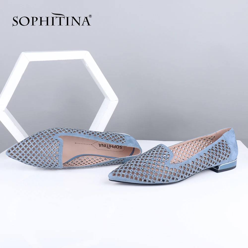 

SOPHITINA Women's Flats Pointed Toe Hollow Out High Quality Suede Leather Ladies Comfort Casual Walking 2020 Flats Shoes PC681