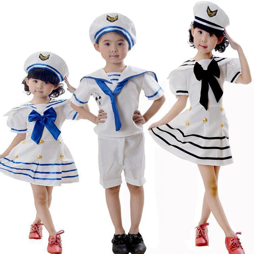 

Children White Navy Military Uniform Girls Dress with Set 3PCs Performance Dance Wear Cosplay Costumes Kids Boys Sailor Suits