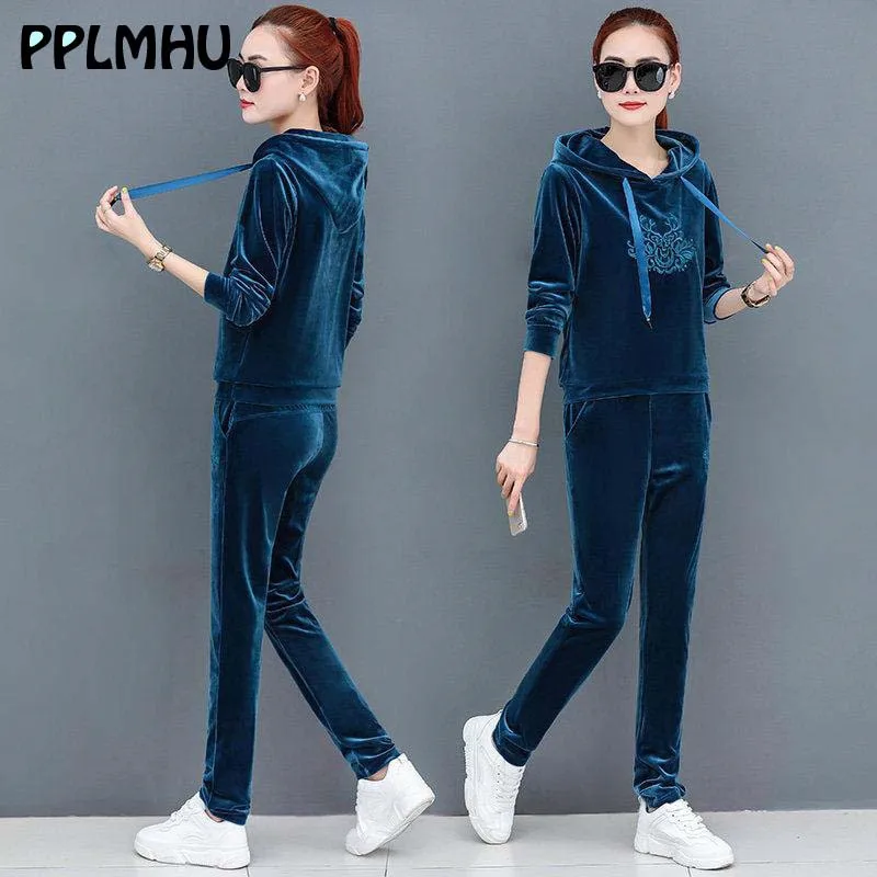 Sportwear Hooded Velvet Tracksuits Winter Women Plus Size Casual Ensemble Femme Jogging Two Piece Sets Embroidery Tops And Pants