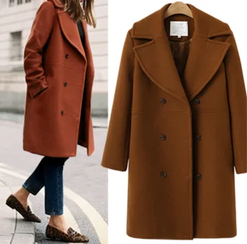 

Fashion Slim Women Long Winter Wool Blend Coat Casual Long Solid Wool Coat And Jacket Double Breasted Outerwear