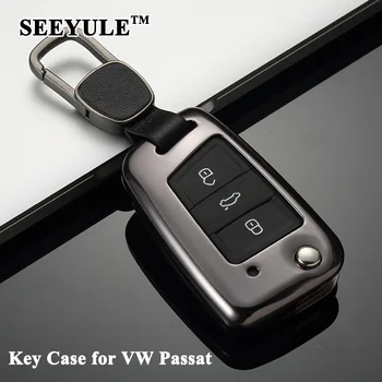 

1pc SEEYULE Top Grade Aluminum Alloy Car Key Case Cover with Belt Key Shell Storage Bag Protector Grey Blue for VW Passat