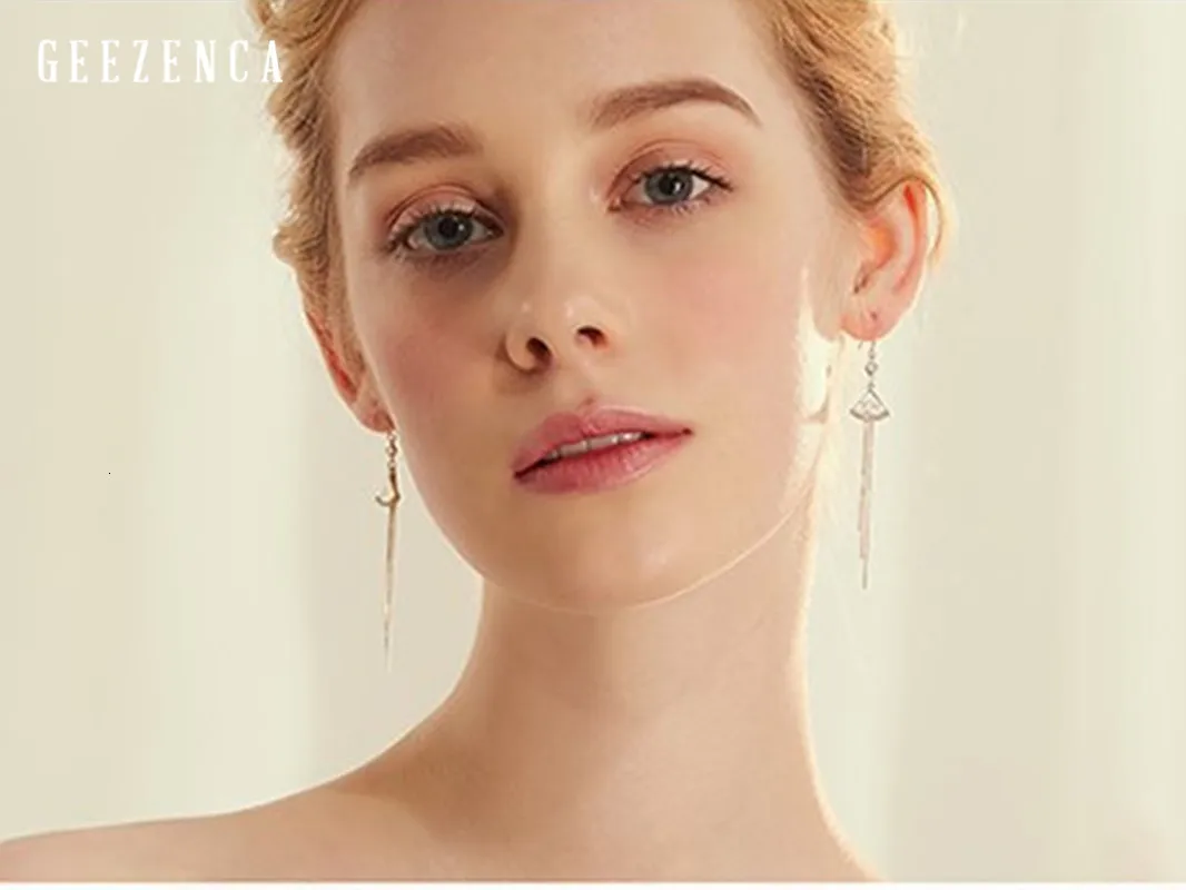 925 Sterling Silver Fan-shaped Shell Zircon Golden Tassels Drop Earrings Korean Trendy Classic Dangle Earring Women Party Gift