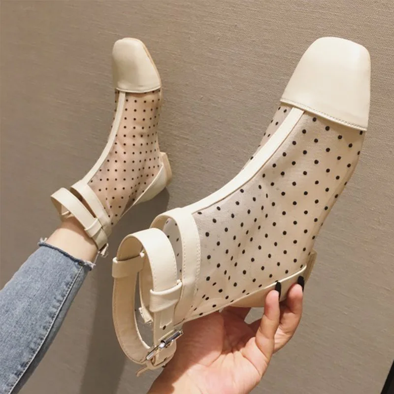 

Women Flat Mesh Mid Calf Boots Polka Dot Buckle Square Toe Slip On Ladies Comfort 2019 Fashion New Autumn Casual Shoes