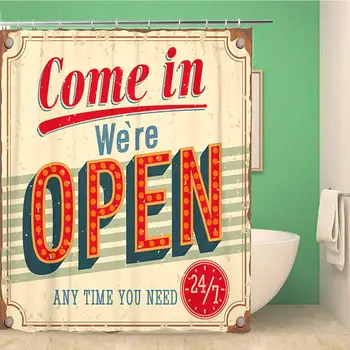 

Bathroom Shower Curtain Red Retro Vintage Come in We Re Open Sign 60x72 inches Waterproof Bath Curtain Set with Hooks